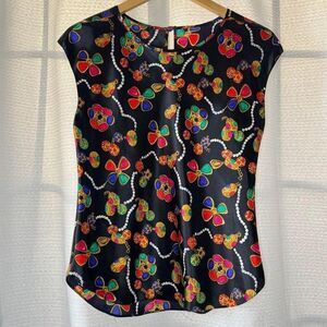 80's Silky Jewel Print Blouse Jewelry Themed Blouse Lucie‎ Ann II Womens Small